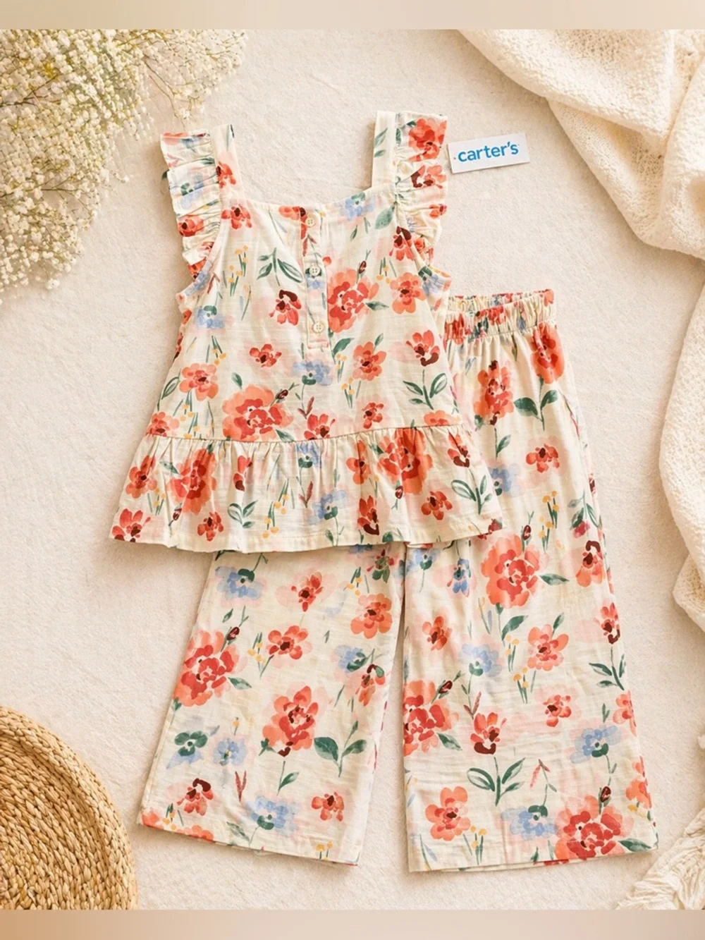 Carter’s 5T Floral Matching Set NWT Girls Ruffle Top & Wide Leg Pants Spring